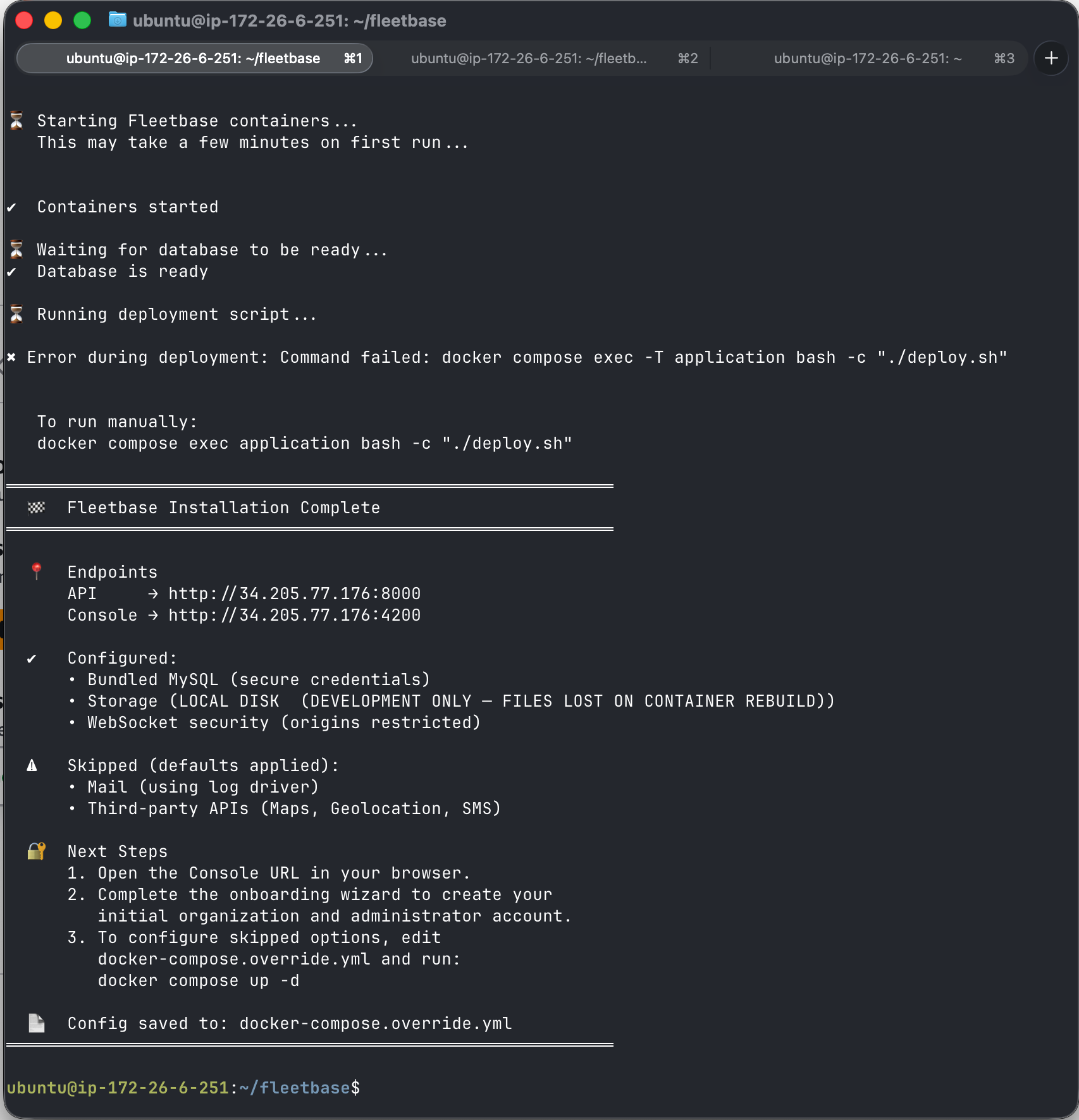 Fleetbase installer prompts